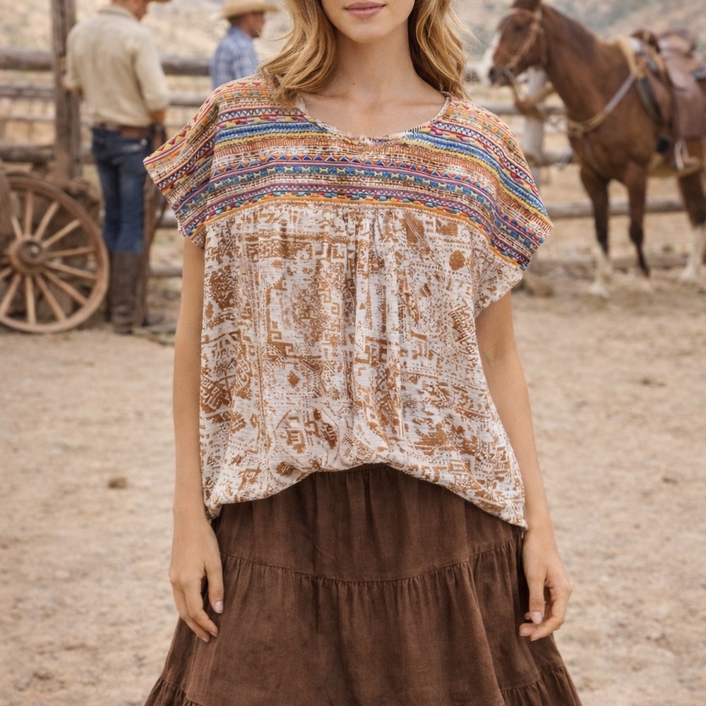 Savanna Jane Multicolor Embroidered Yoke Lightweight Boho Blouse